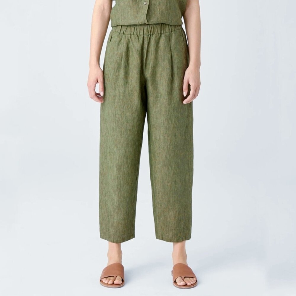 Eilleen Fisher Washed Organic Linen Delave Lantern Pant Coriander Green S
